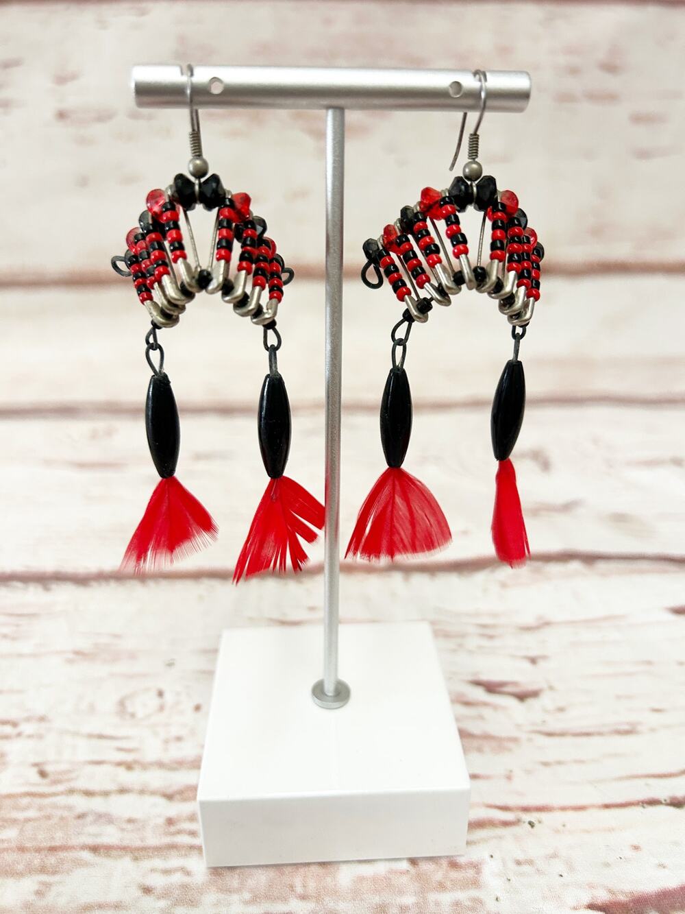 Handmade Beaded Headdress Earrings Red & Black War Bonnet Dangle Boho